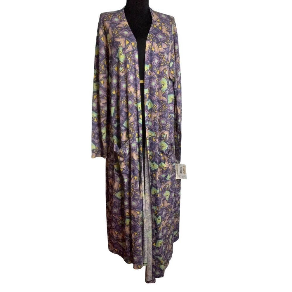 Lularoe Sarah XL Long Duster Cardigan Open Front Geometric Linen Blend NEW